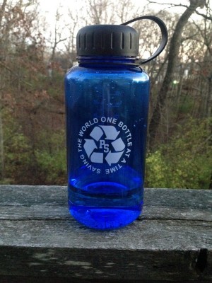 One of the water bottles designed by Rhodes' classes, now available in the bookstore for $10.