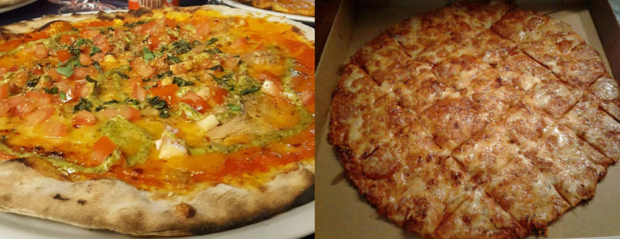 Pizza from Visuvios in Terralba, Italy (left). Pizza from Imos (right).