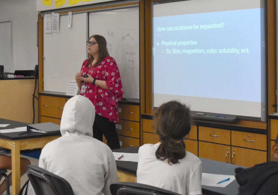 New science teacher Mary Schuckmann teaches students in her Matter and Change class. 