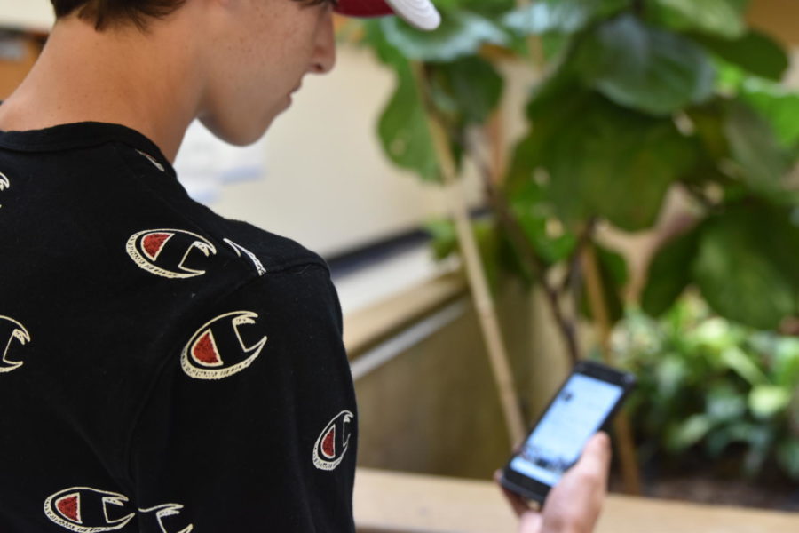 Senior Tommy Matteucci checks his Instagram feed on his smartphone during school. 