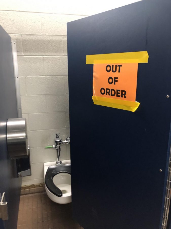 One of the girls stalls in the bathrooms near the foreign language classrooms. 