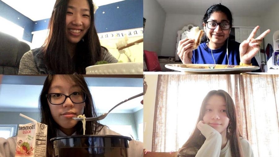 (Clockwise from top left) Sophomores Emma Cheng, Anika Vydier, Brianna Nguyen, and Isabel Yearian enjoy a lunch period over Zoom.