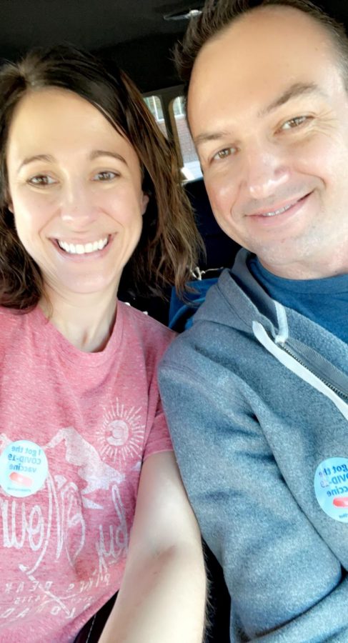 South High teachers Megan and Chris Orban take a picture after they received their first dose of the COVID vaccine.