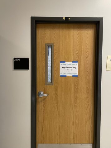 The teacher relaxation center lies behind the door, in room 2206.