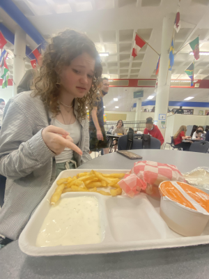 Sophomore Ella Tebbe shows her disgust at the lunch she received. 