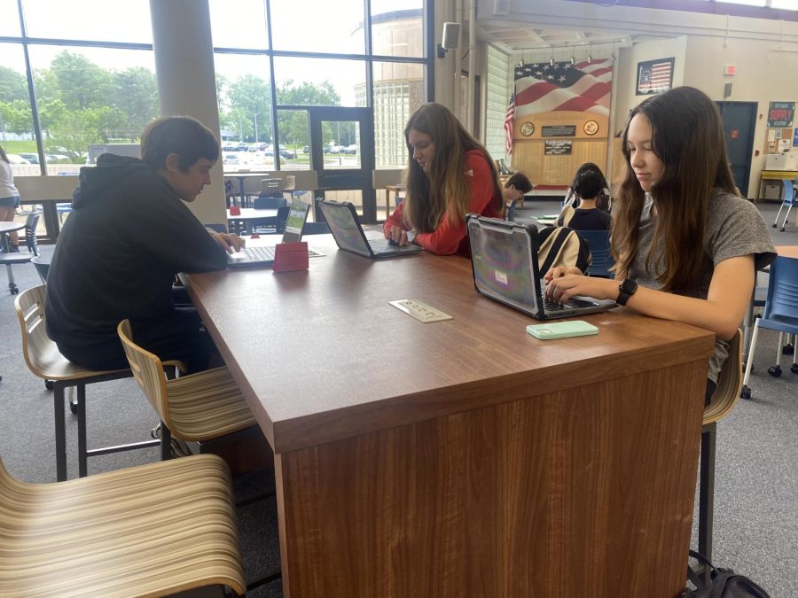 Three students in Mr. Weiss AP Human Geography class study in the library.