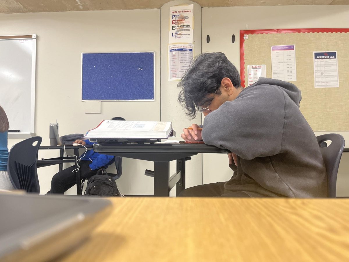 Senior Saad Haseeb looks at his phone instead of the teacher in class. Many seniors catch Senioritis as early as first semester.
