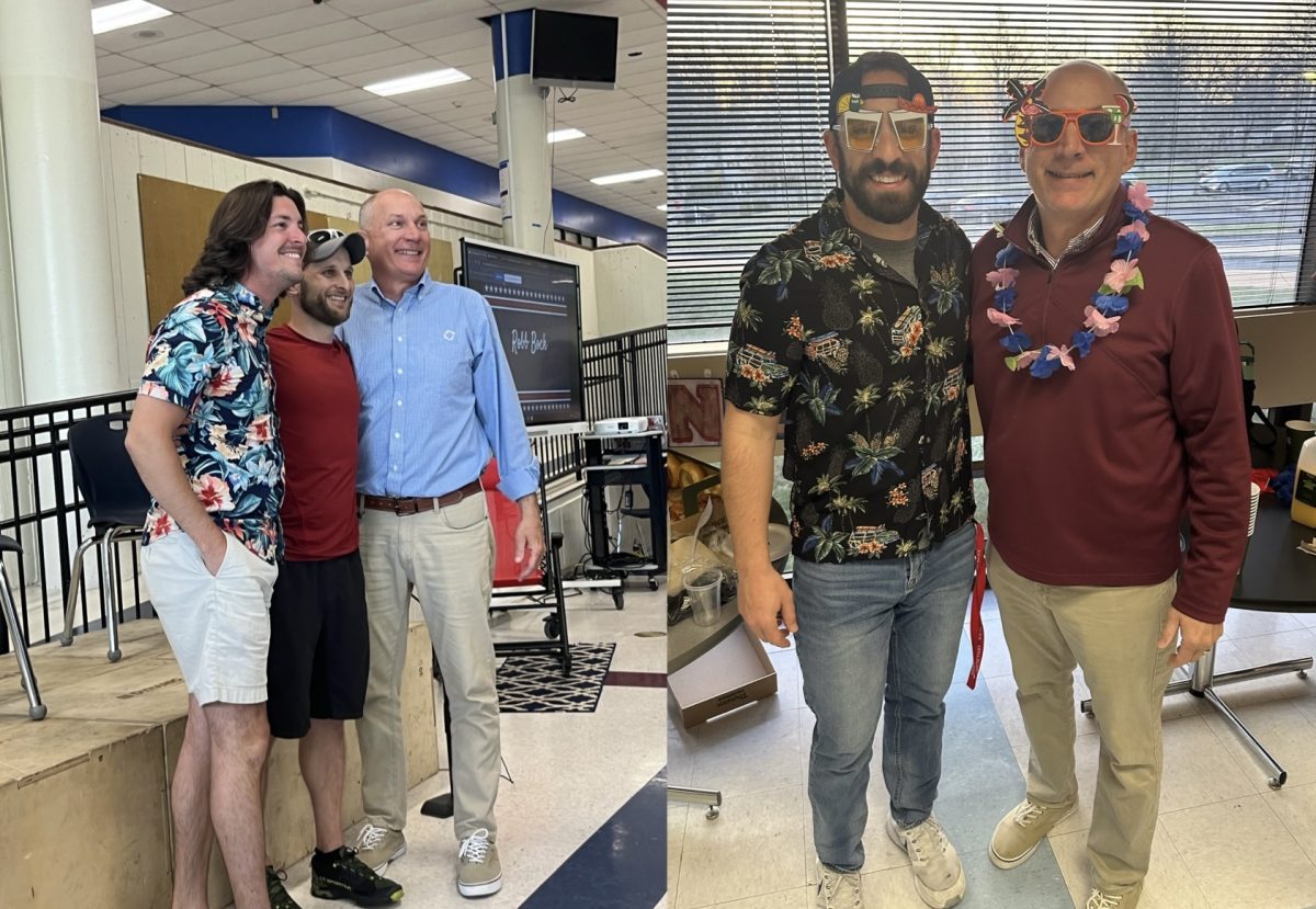 Left: Choir teacher Taylor Hawkins and P.E. teacher Mickey Wendling take a picture at Bocks retirement ceremony last year. 
Right: Bock takes a picture with business teacher John Barnabee at a DECA party.