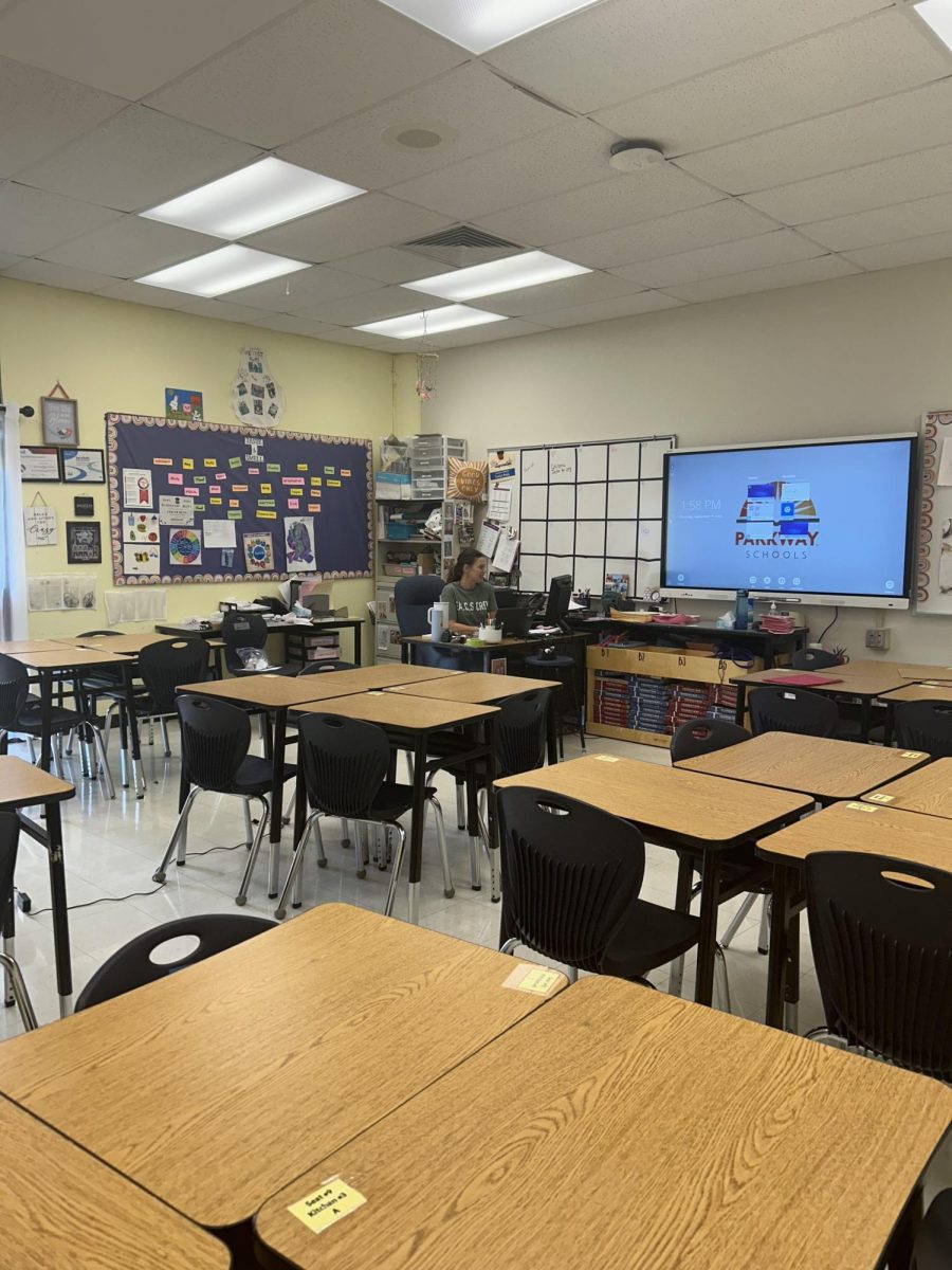 FACS teacher Evalyn Petty works on grading while she has an empty classroom during her planning period. School districts that adopt a 4-day school week often have a day set aside for teachers do grade or do professional development.