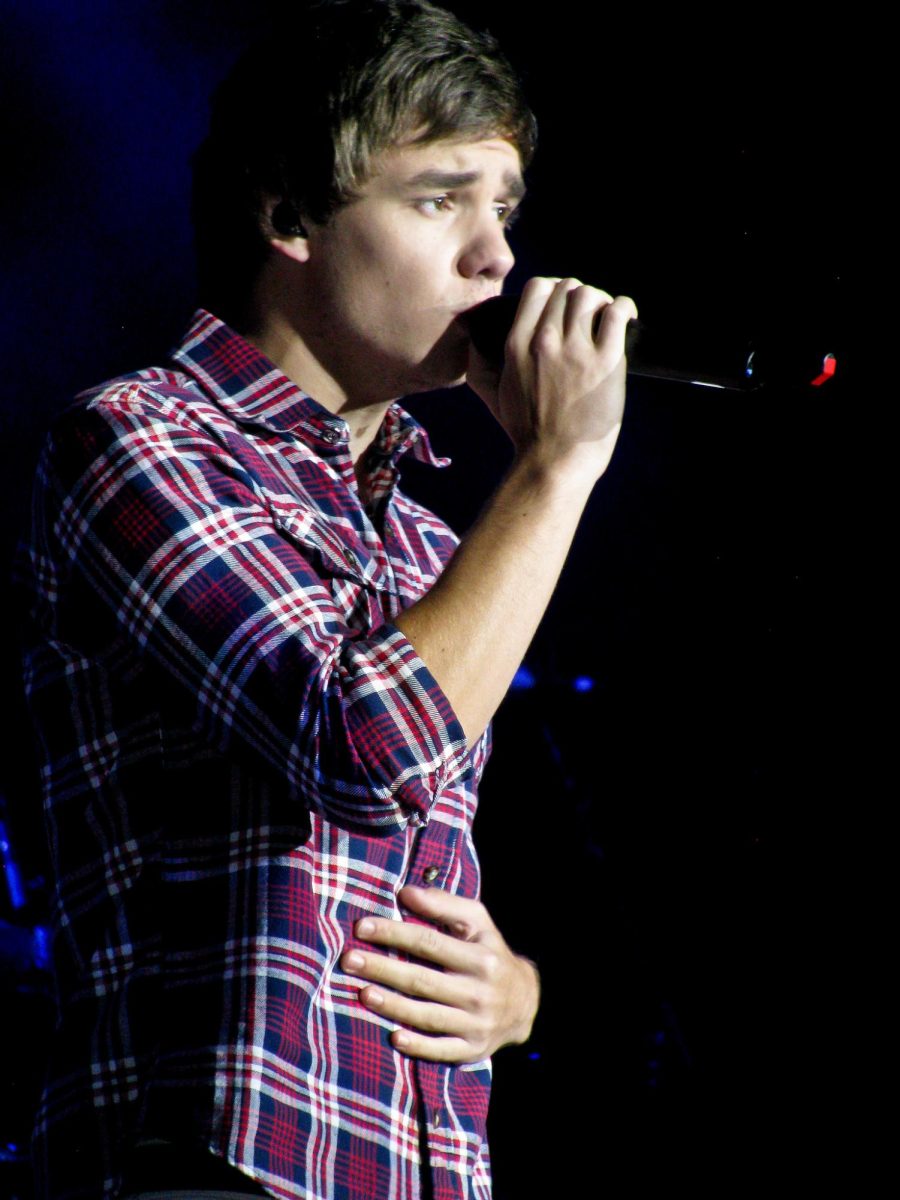 Liam Payne sings at a concert with the rest of his band, One Direction