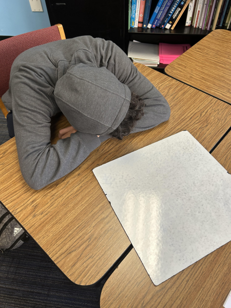 Junior Mateo Zegar puts his head down to take a nap during class. Many South students find themselves tired during the school day, because school starts so early. 