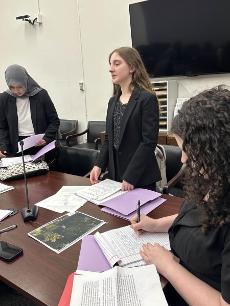 Junior Mariam Rana prepares to cross examine a witness during the Jan. 13 Mock Trial competition. The Team beat Francis Howell in the competition, 3-0.