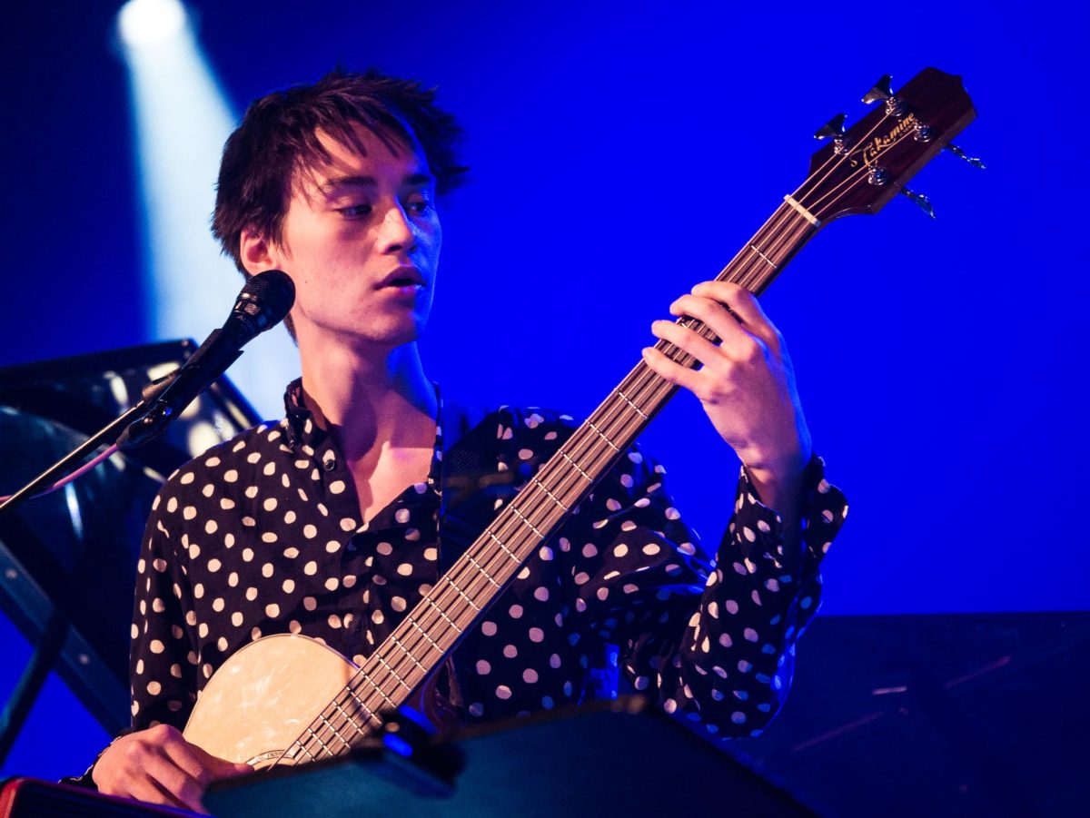 Musician Jacob Collier plays the acoustic bass during one of his concerts.