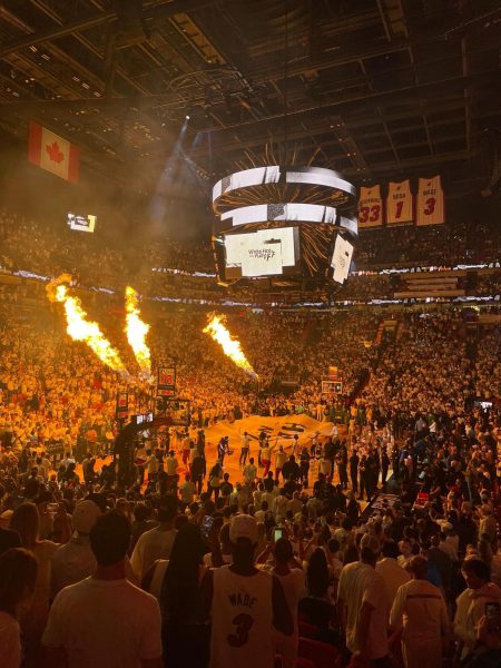 Thousands of fans pack the Kaseya Center to watch the Miami Heat. 