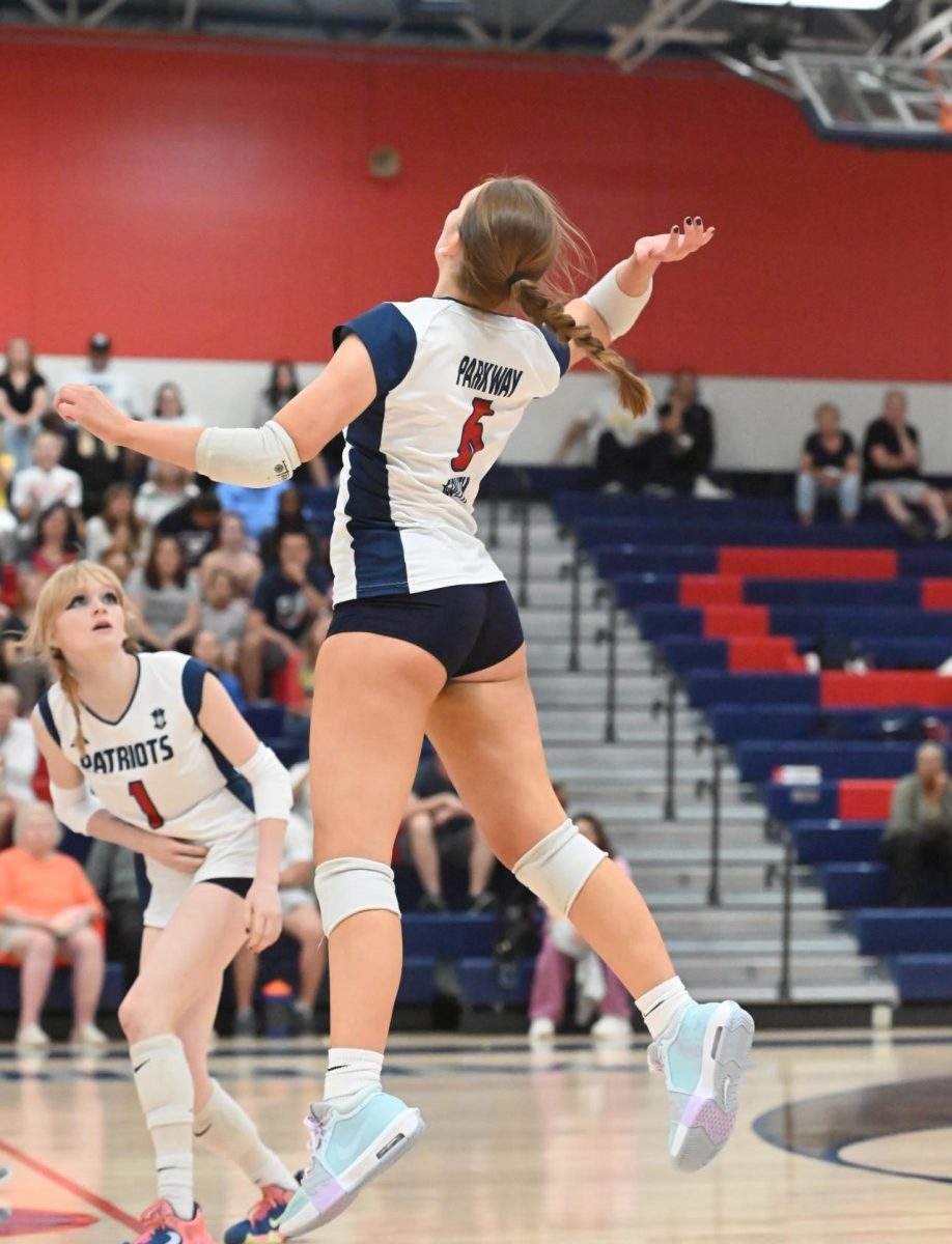 Junior volleyball player Kara Evans reaches up to hit the ball during a match this fall. 