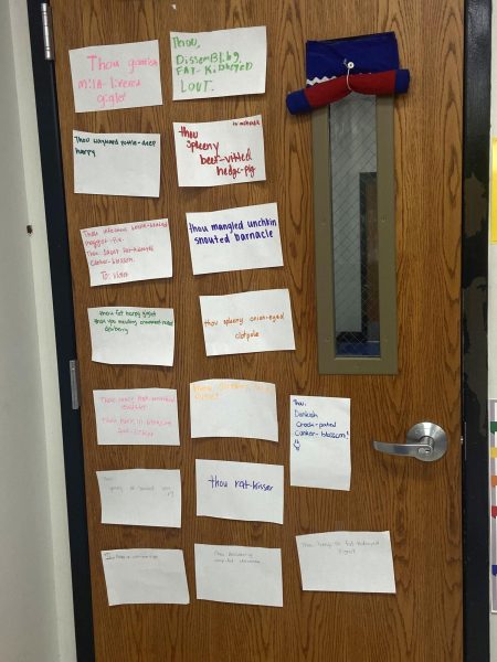 Shakespearean insults decorate English teacher Nikki Daniels' classroom door. 