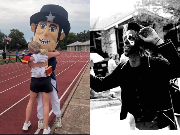 (Left) Mr. Patriot, played by A.C., hugs senior Addie Bogad during a game. (Right) Senior Derek Wilhelm plays Mr. Patriot while marching in the Homecoming parade.  