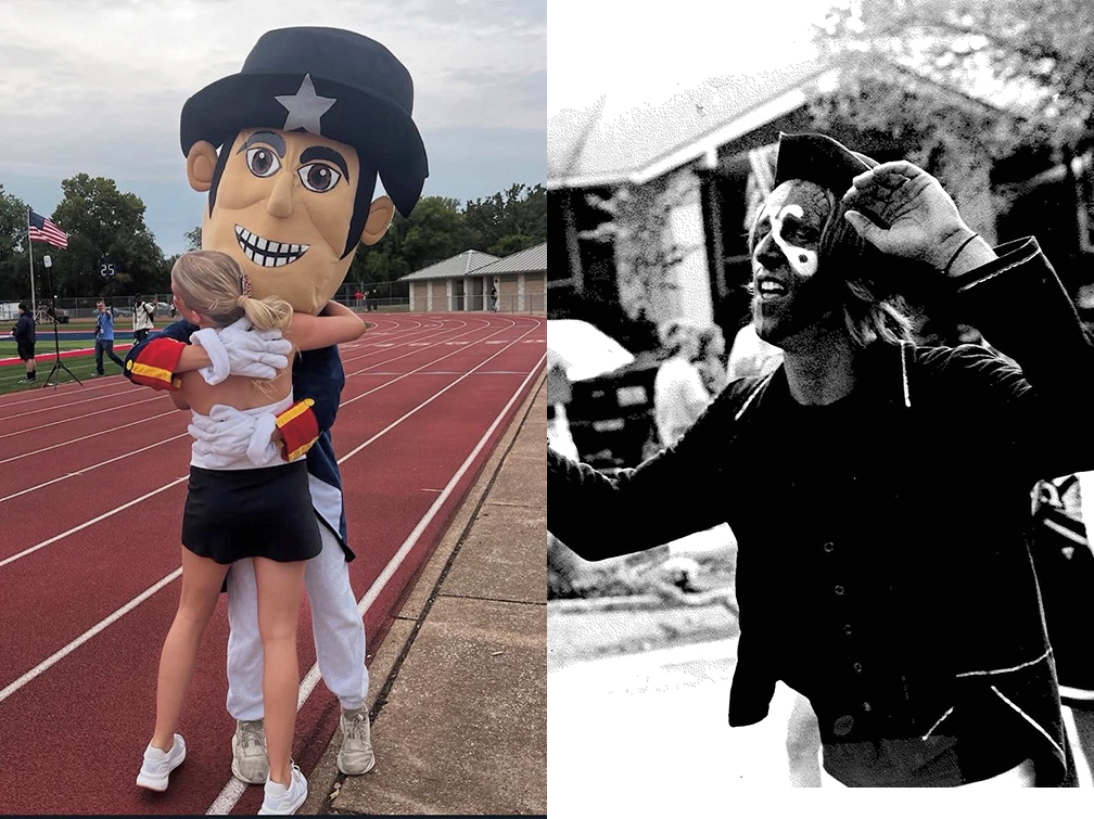 (Left) Mr. Patriot, played by A.C., hugs senior Addie Bogad during a game. (Right) Senior Derek Wilhelm plays Mr. Patriot while marching in the Homecoming parade.  