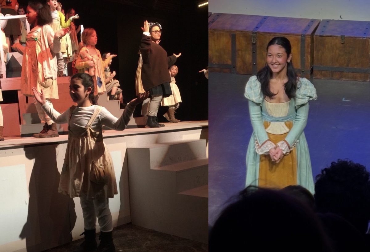 (Left) 9-year-old Leila Chettfour as a cast member in Annie Jr. at the Grandel Theater. (Right) Senior Leila Chettfour plays Bea in "Something Rotten" at South High in February. 