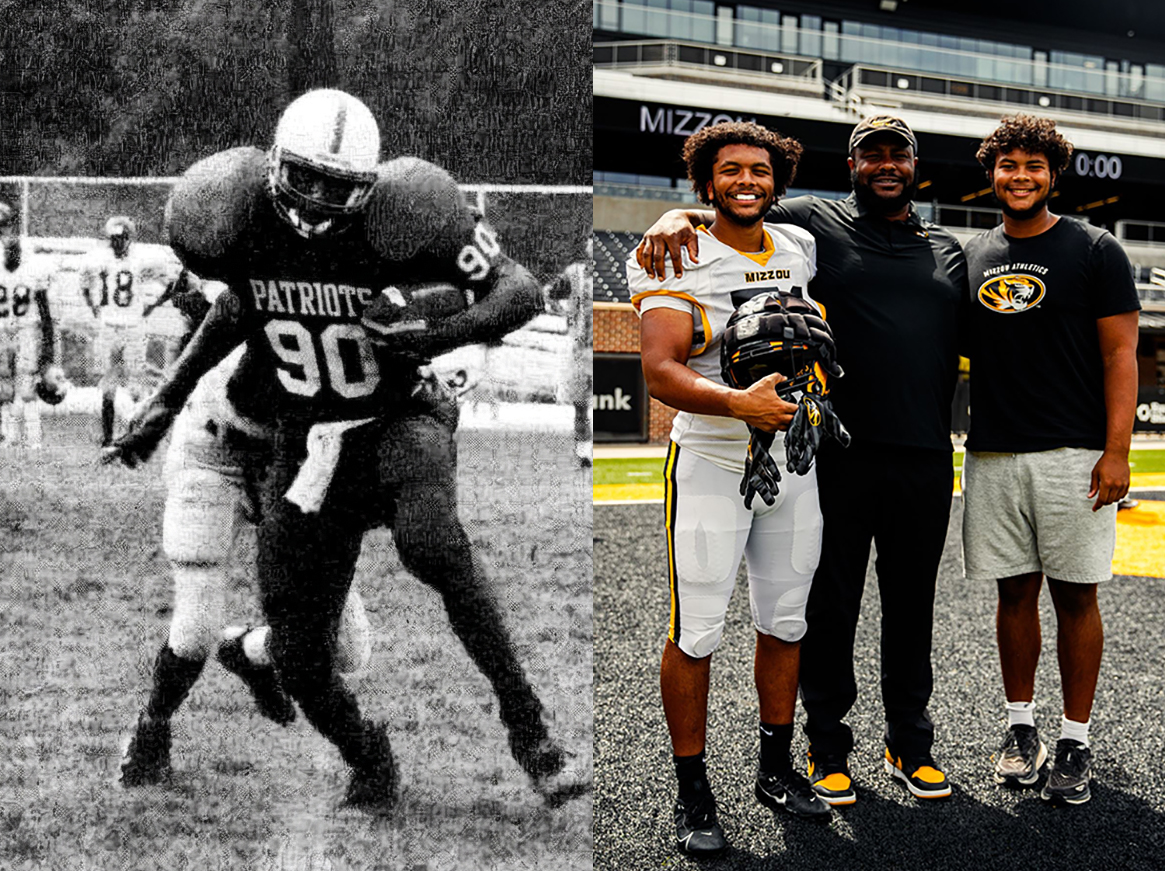 (Left) His senior year, Atiyyah Ellison breaks a tackle on the South High football field. (RIght) South High graduate Atiyyah Ellison poses with his sons Tyson (left) and Braylon (right) after a fall camp scrimmage in 2024. Tyson played linebacker at Mizzou in the '23 and '24 seasons, while Braylon became a Mizzou offensive lineman in January 2026 after graduating from high school a semester early. Photo courtesy of Atiyyah Ellison.