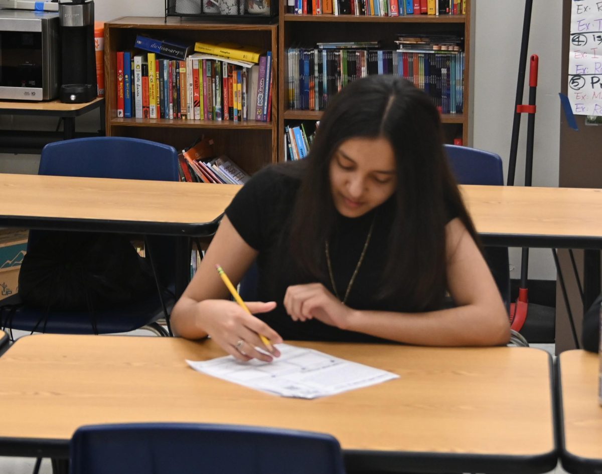 Freshman Alison Contreras Pliego works on reading a passage for comprehension in Suzanne Johnson's ELL Essentials class. Contreras is one of 89 native Spanish speakers who attend South. 